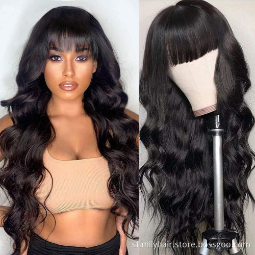 Shmily Wholesale Brazilian Body Wave Wig Full Machine Made Remy Human Hair Wig with Bangs 150 density Straight Wig With Bangs